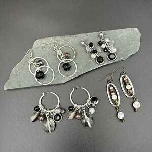Fashion Jewelry Lot of 4 Earrings Silver Tone Dangles with Blk & Clear Crystals